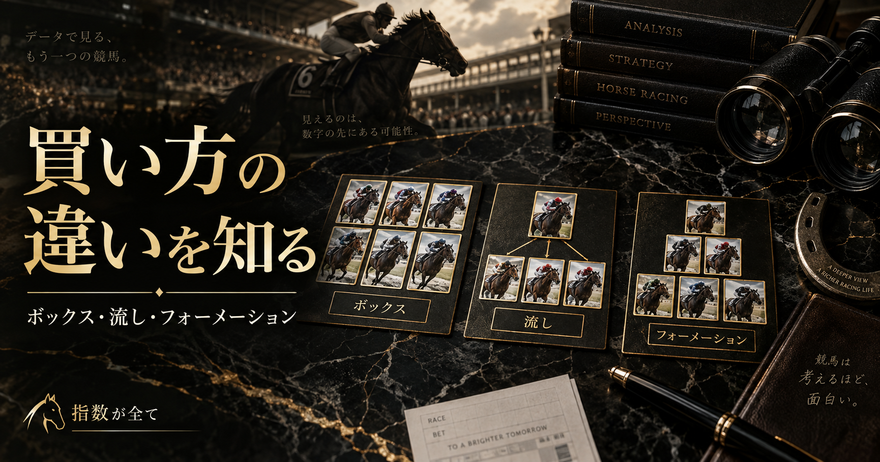 競馬解説記事のテーマに合わせた競走馬と分析のイメージ