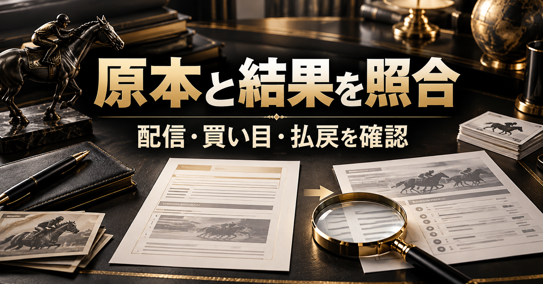 配信原本とレース結果を並べて買い目を照合するイメージ