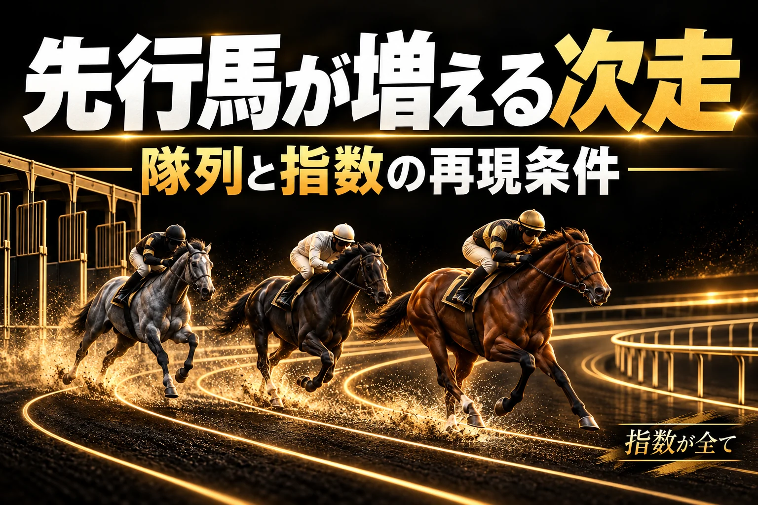 先行馬が増える次走。隊列と指数の再現条件。黒と金を基調にした記事のアイキャッチ