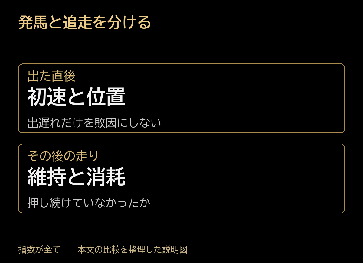 発馬と追走を分ける。出た直後:初速と位置、出遅れだけを敗因にしない。その後の走り:維持と消耗、押し続けていなかったか。