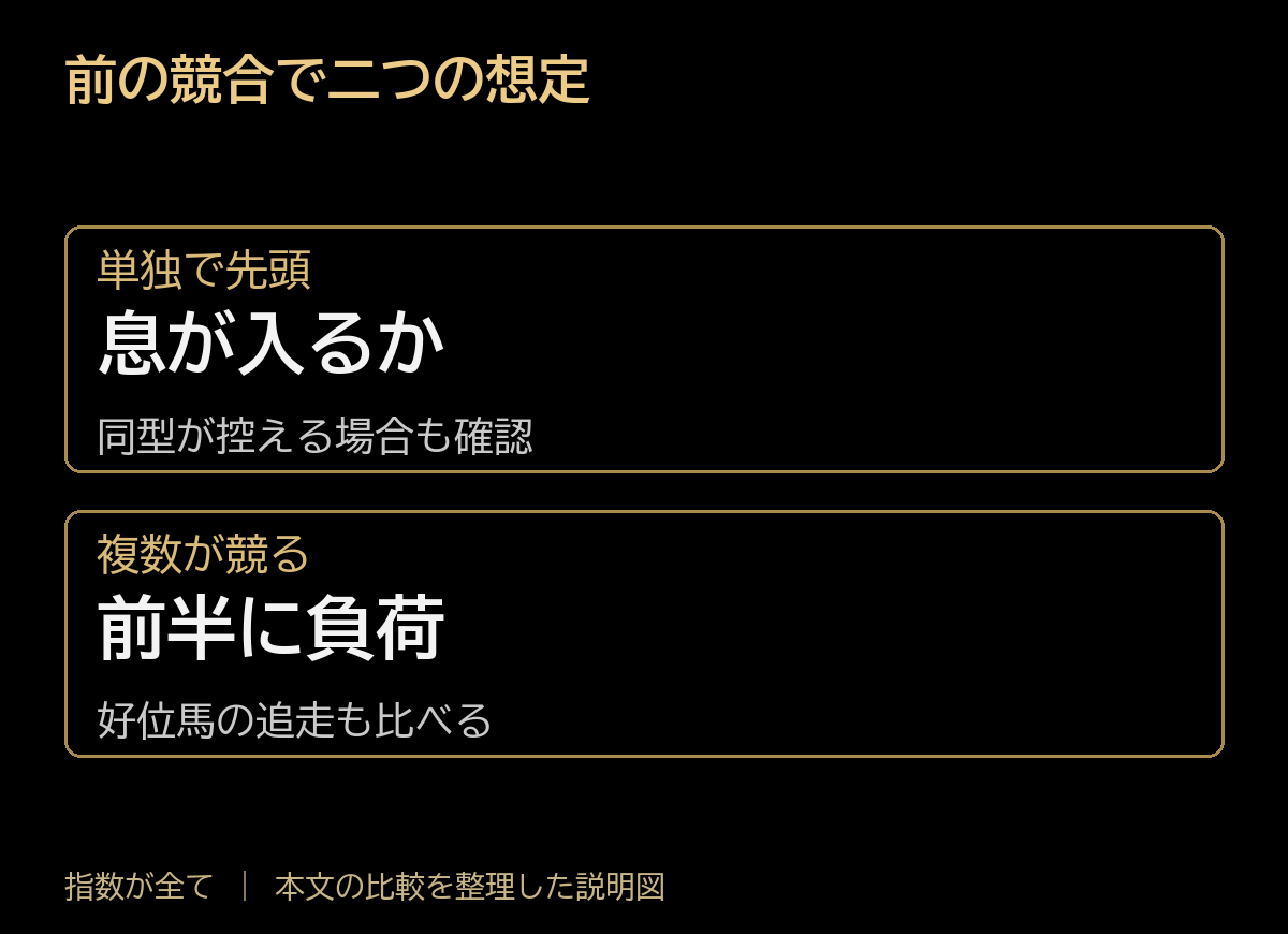 前の競合で二つの想定。単独で先頭:息が入るか、同型が控える場合も確認。複数が競る:前半に負荷、好位馬の追走も比べる。