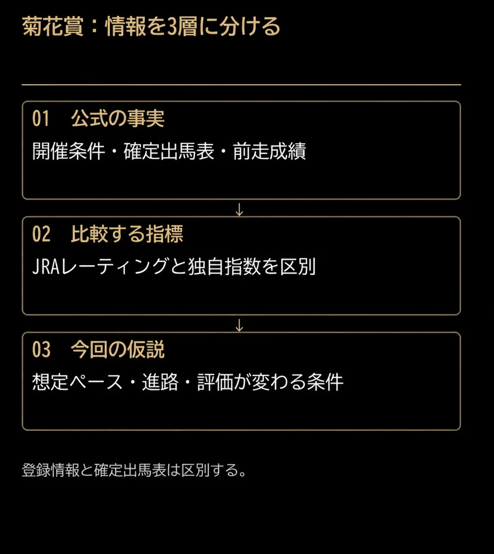 開催条件と確定出馬表、指標の比較、想定ペースの仮説を分ける三層の図
