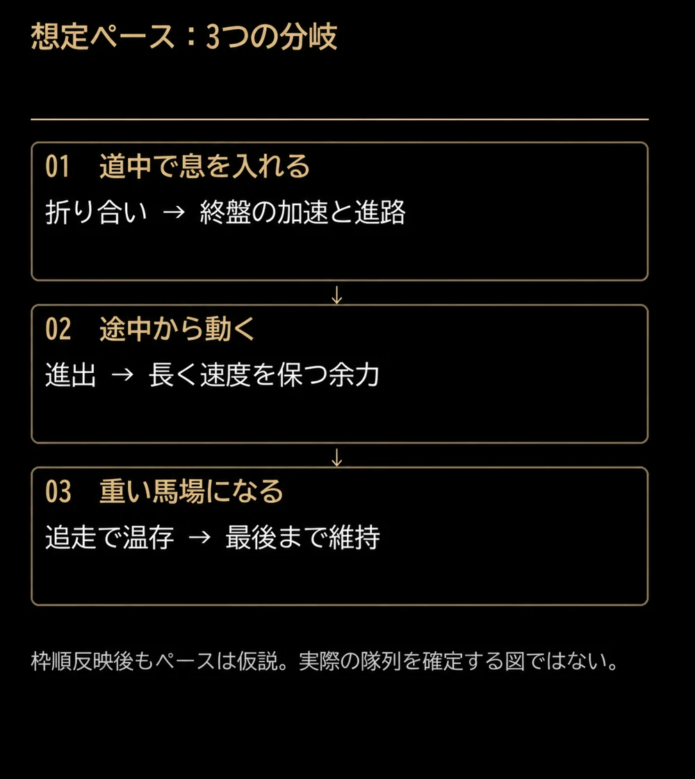 道中で息を入れる形、途中から動く形、重い馬場の三つの仮説を示す図