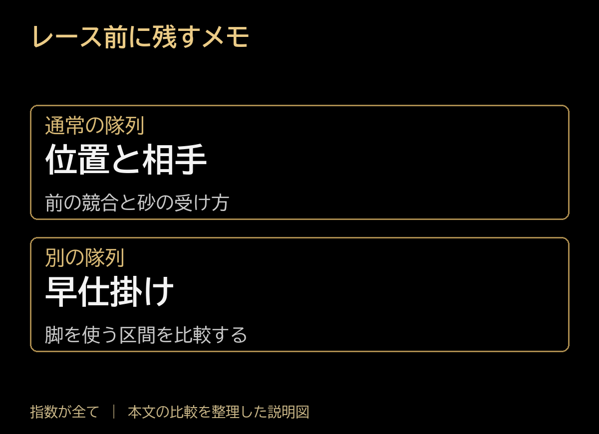 レース前に残すメモ。通常の隊列:位置と相手、前の競合と砂の受け方。別の隊列:早仕掛け、脚を使う区間を比較する。