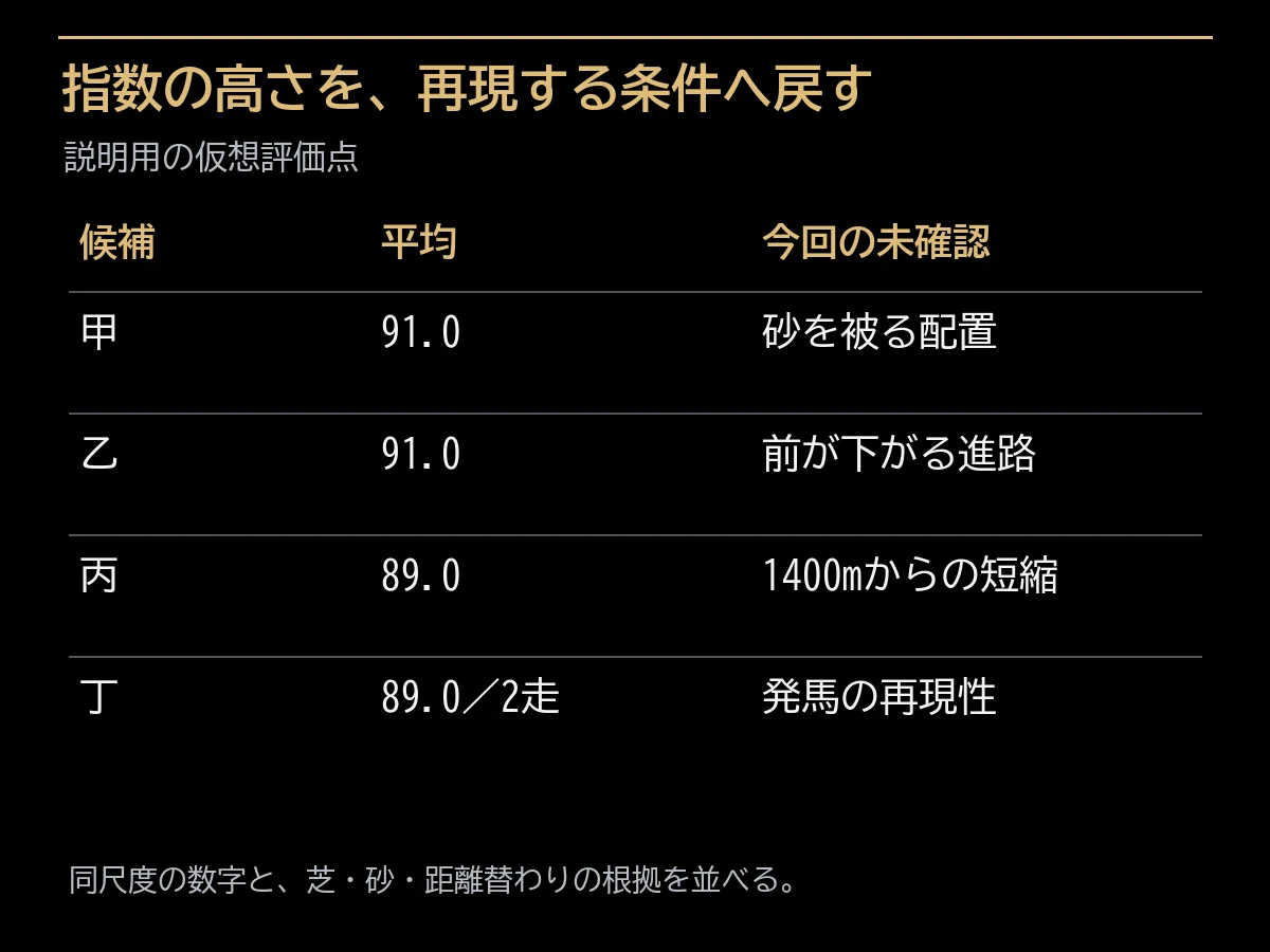 仮想四頭の平均評価と芝、砂、距離替わりの未確認条件