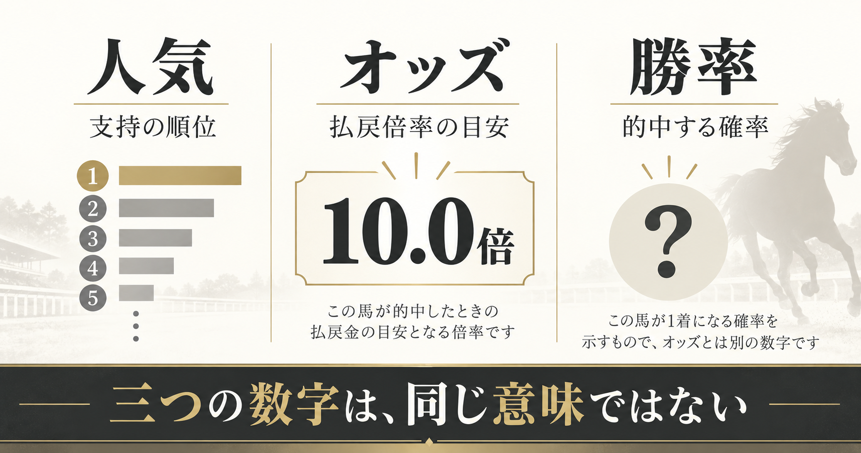 人気は支持の順位、オッズは払戻倍率の目安、勝率は的中する確率と分けて示した図