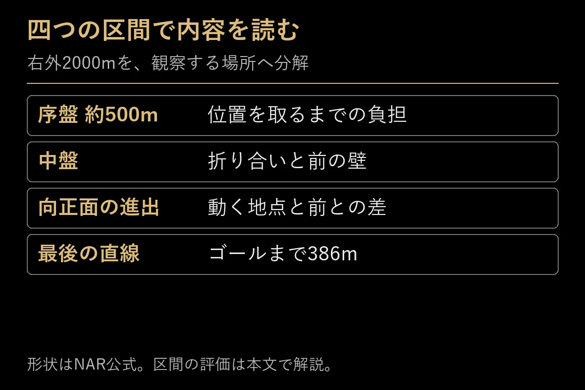 大井2000mの序盤、中盤、進出、最後の直線の確認点