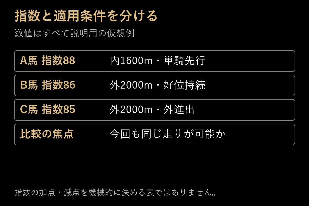 仮想指数と、その数値を出したコース条件の比較