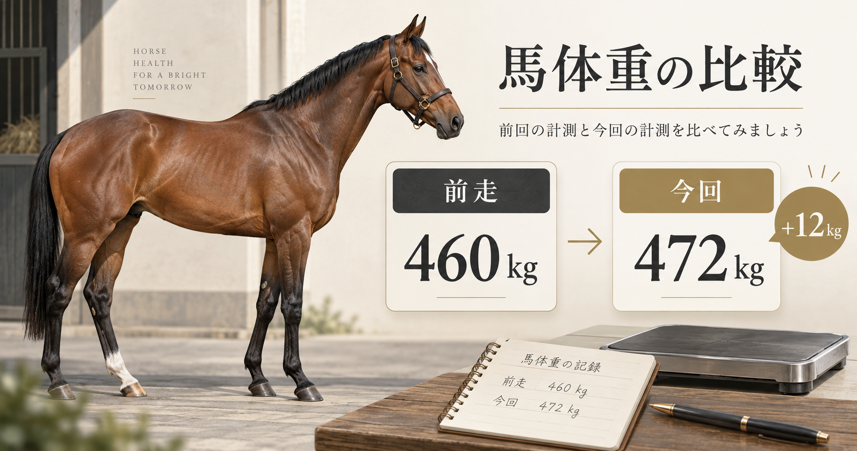 仮想例で前走460kgから今回472kgへの12kg増を比較した図