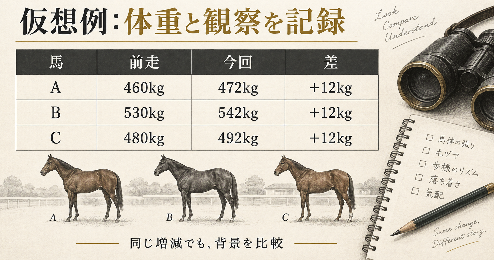 仮想馬Aは460から472kg、Bは530から542kg、Cは480から492kgで、いずれも12kg増と比較した表
