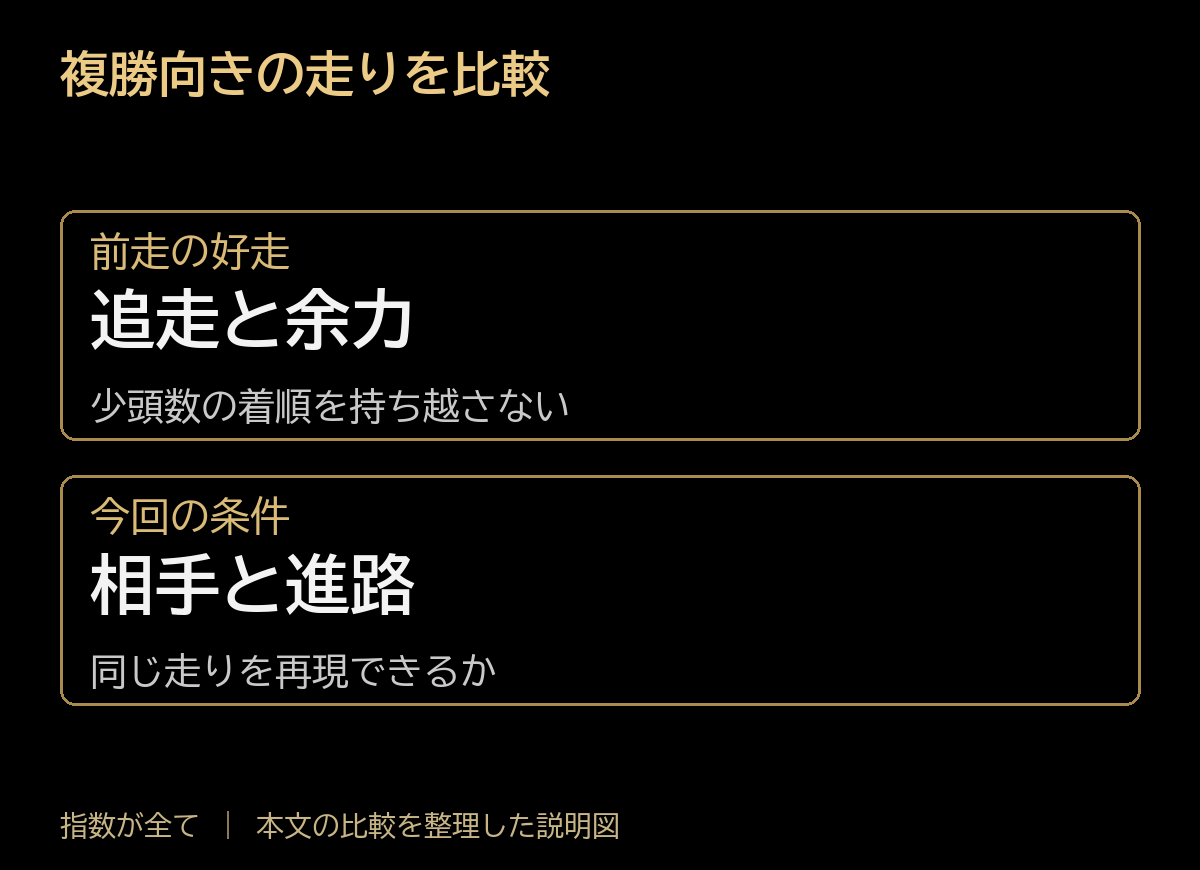 複勝向きの走りを比較。前走の好走:追走と余力、少頭数の着順を持ち越さない。今回の条件:相手と進路、同じ走りを再現できるか。