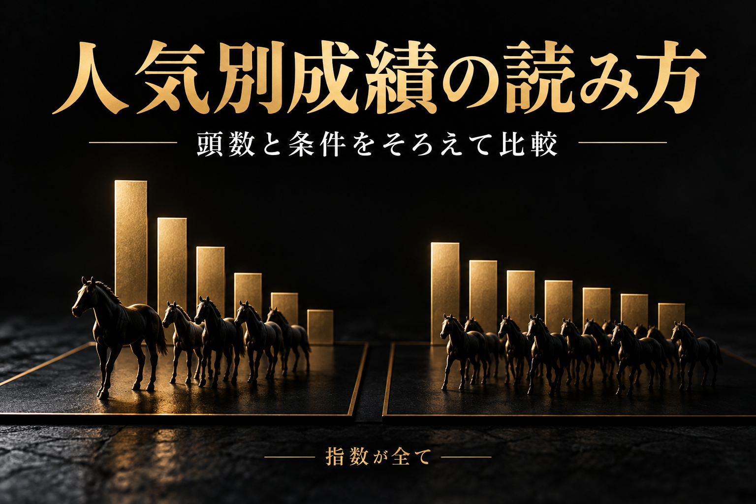 人気別成績の読み方の解説用イメージ。テーマ:頭数と条件をそろえて比較。