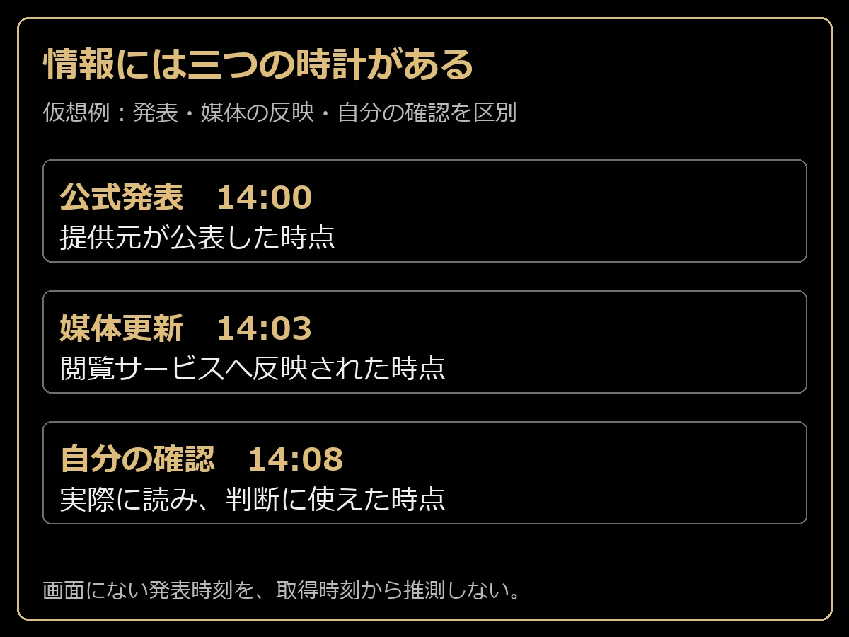 仮想の公式発表14時、媒体更新14時3分、自分の確認14時8分の三段階