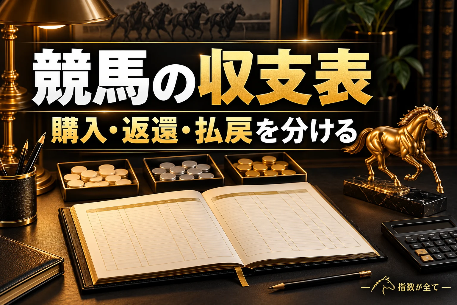競馬の収支表。購入・返還・払戻を分ける。黒と金を基調にした記事のアイキャッチ