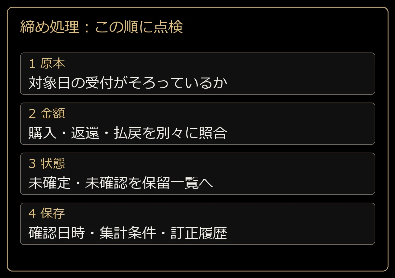 締め処理:この順に点検。1 原本は対象日の受付がそろっているか、2 金額は購入・返還・払戻を別々に照合、3 状態は未確定・未確認を保留一覧へ、4 保存は確認日時・集計条件・訂正履歴