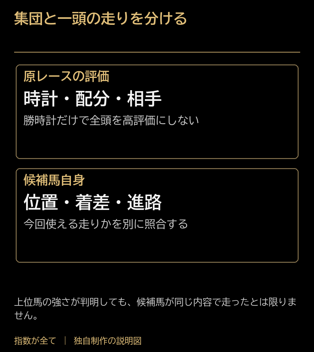 集団と一頭の走りを分ける。原レースの評価：時計・配分・相手：勝時計だけで全頭を高評価にしない。候補馬自身：位置・着差・進路：今回使える走りかを別に照合する。上位馬の強さが判明しても、候補馬が同じ内容で走ったとは限りません。