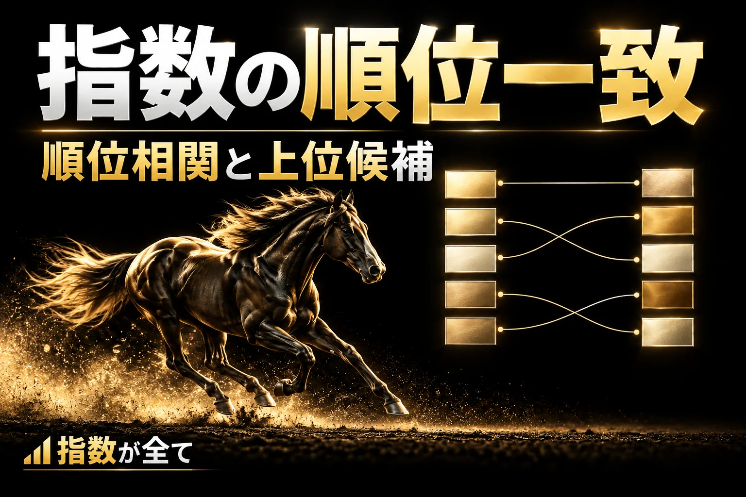指数の順位一致。順位相関と上位候補。黒と金を基調にした記事のアイキャッチ