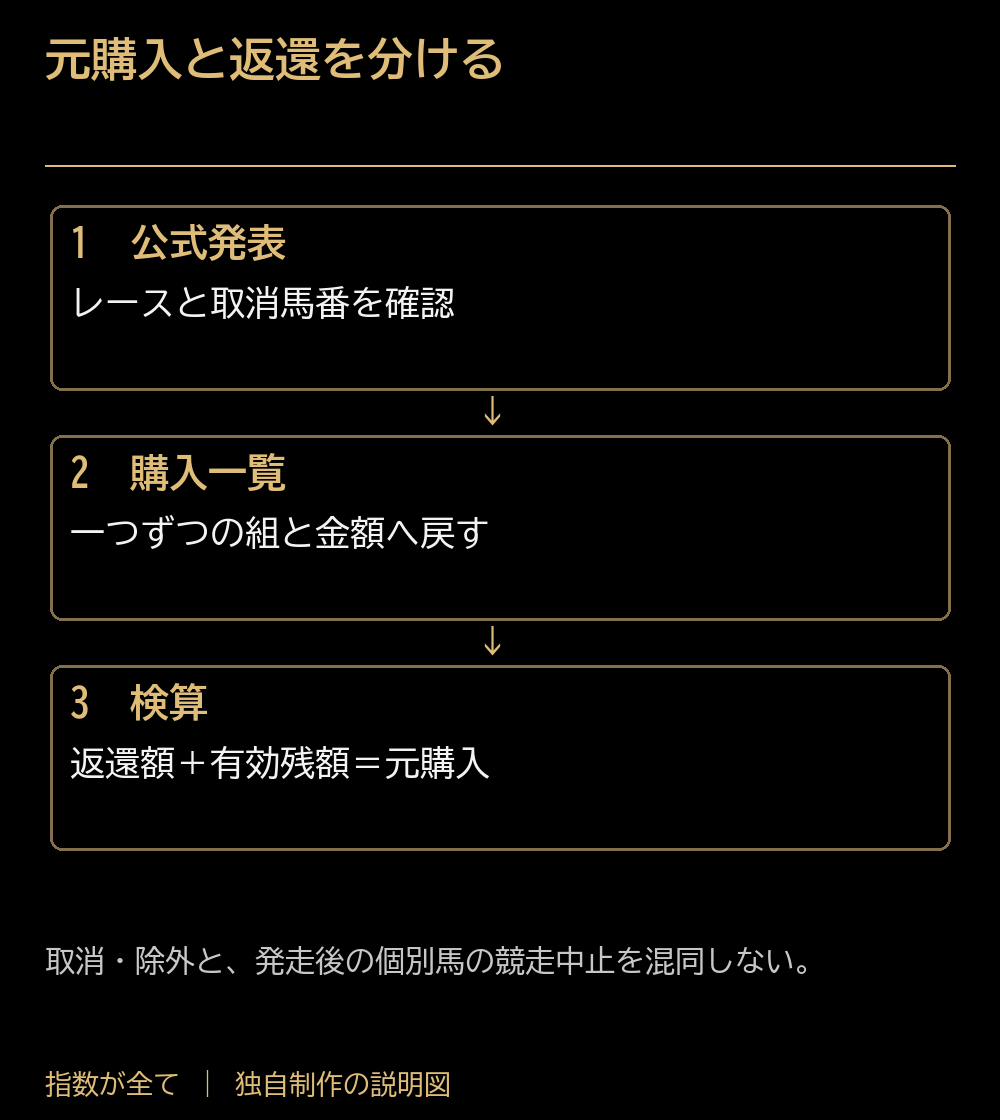 元購入と返還を分ける。公式発表：レースと取消馬番を確認。購入一覧：一つずつの組と金額へ戻す。検算：返還額＋有効残額＝元購入。取消・除外と、発走後の個別馬の競走中止を混同しない。