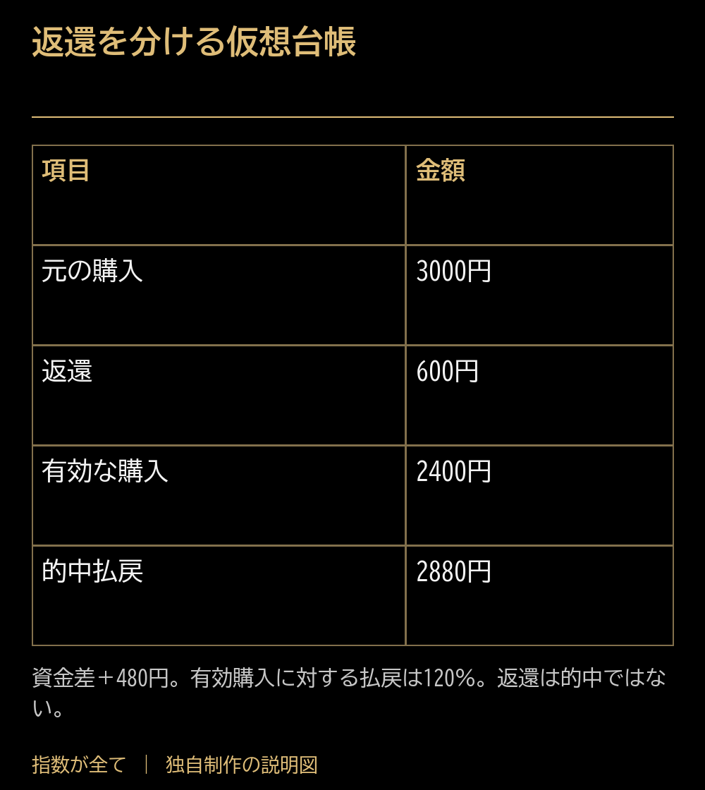 返還を分ける仮想台帳。項目：金額。元の購入：3000円。返還：600円。有効な購入：2400円。的中払戻：2880円。資金差＋480円。有効購入に対する払戻は120％。返還は的中ではない。
