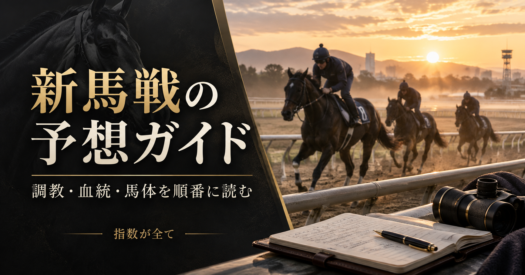 新馬戦の予想ガイドをテーマにした競馬と分析のイメージ