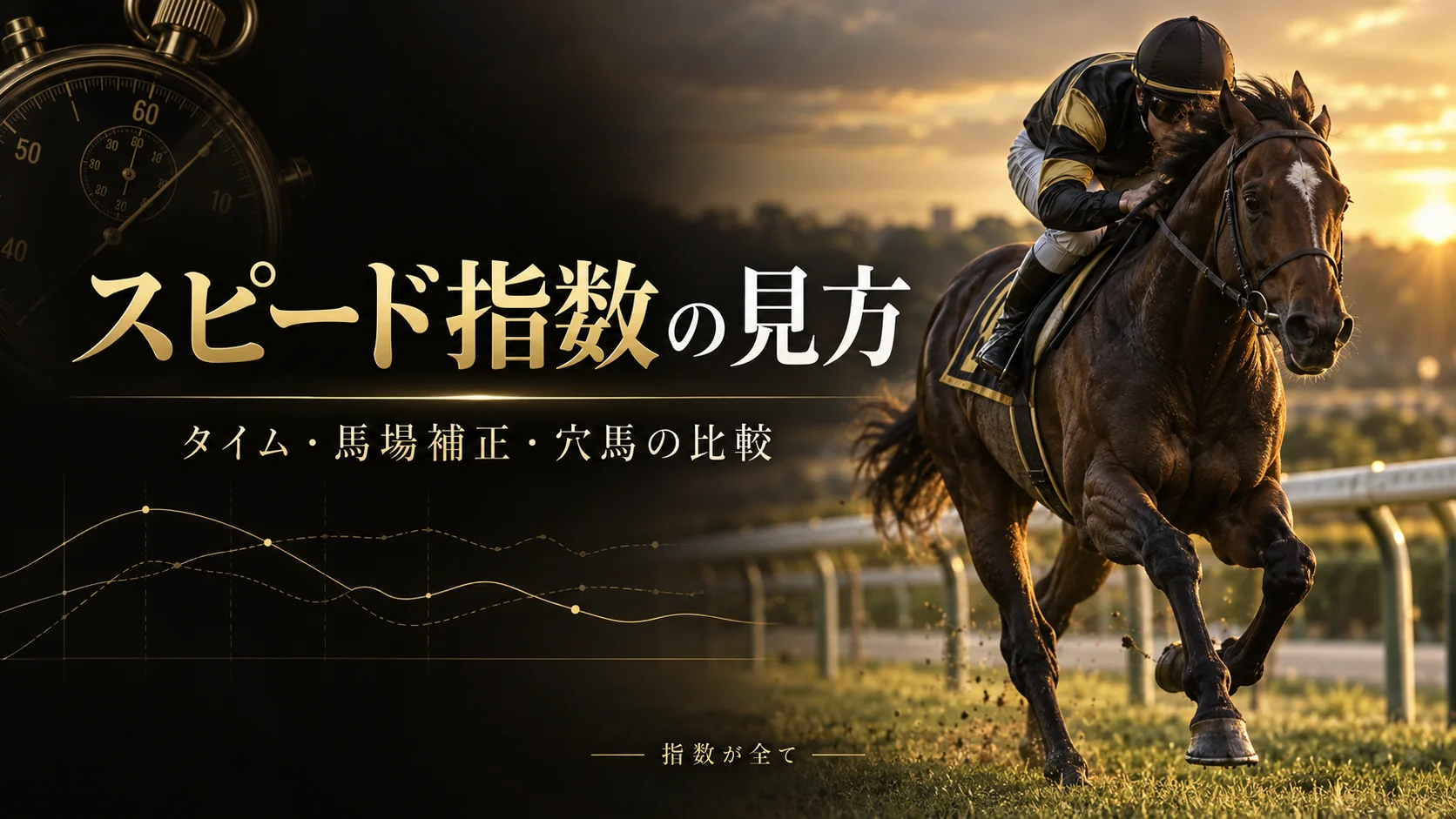 競走馬とストップウォッチを配し、スピード指数の見方を示す解説用のイメージ