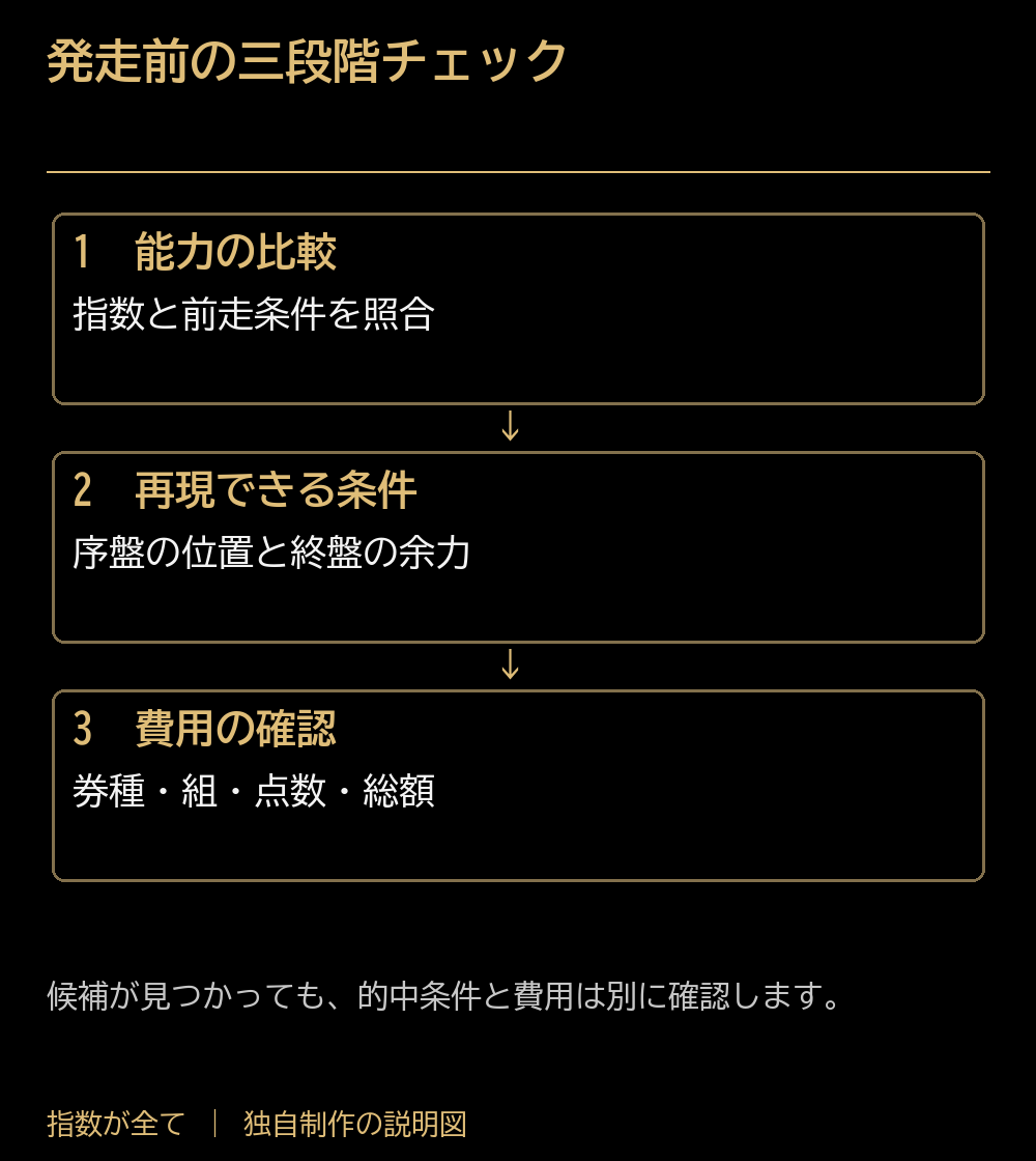 発走前の三段階チェック。能力の比較：指数と前走条件を照合。再現できる条件：序盤の位置と終盤の余力。費用の確認：券種・組・点数・総額。候補が見つかっても、的中条件と費用は別に確認します。