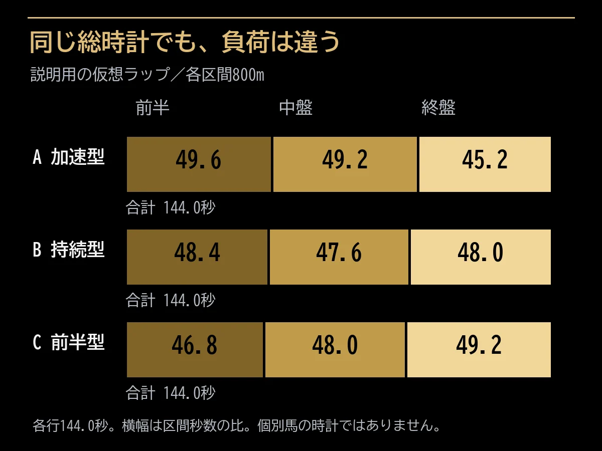 合計144.0秒の仮想ラップを前半、中盤、終盤に分けた三ケース