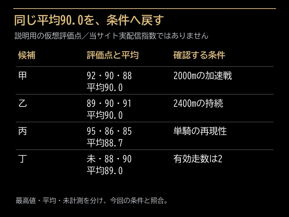 仮想四頭の評価点と平均、今回確認する条件の比較表