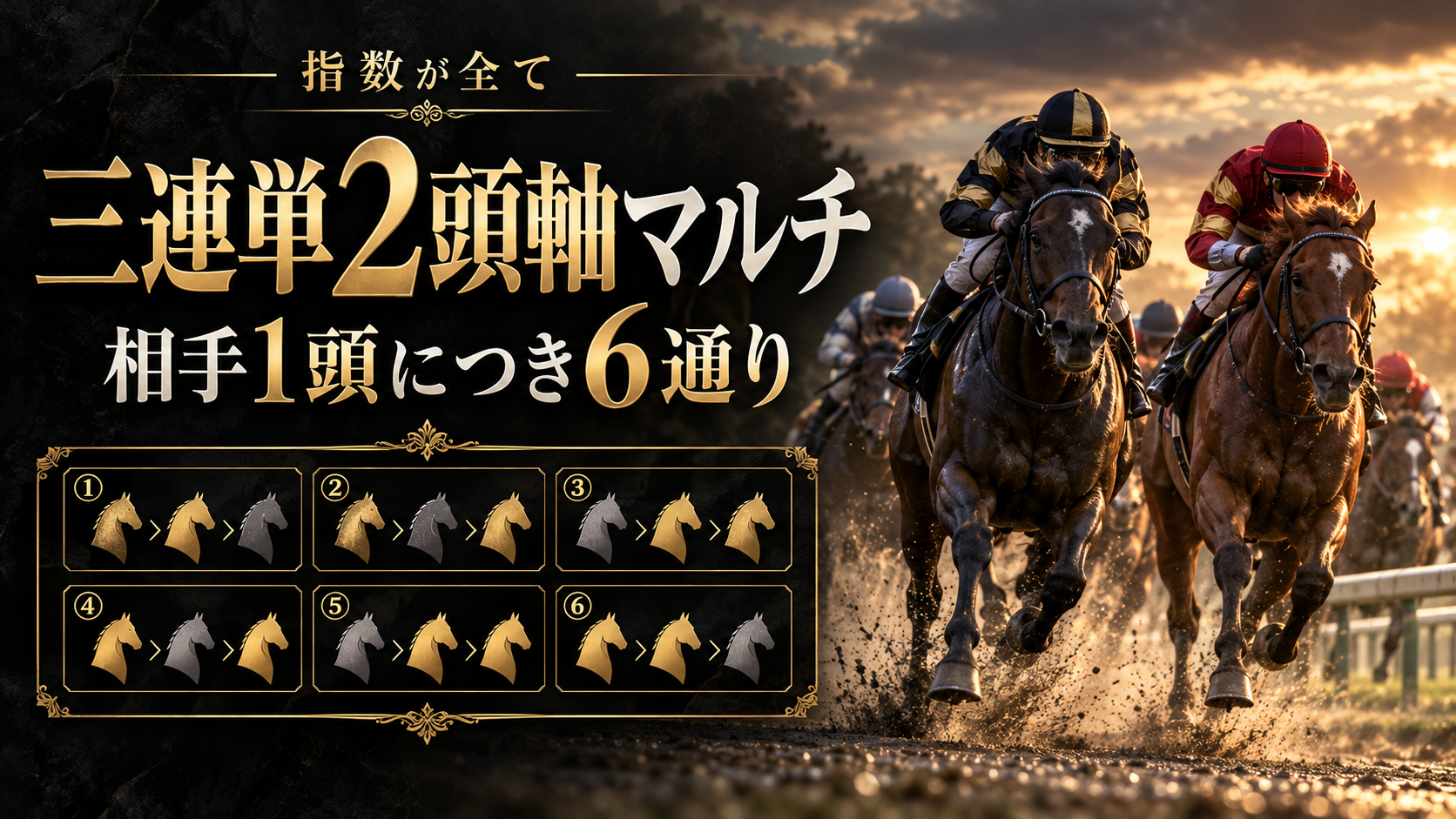 三連単2頭軸マルチ。相手1頭につき6通りを示すイメージ