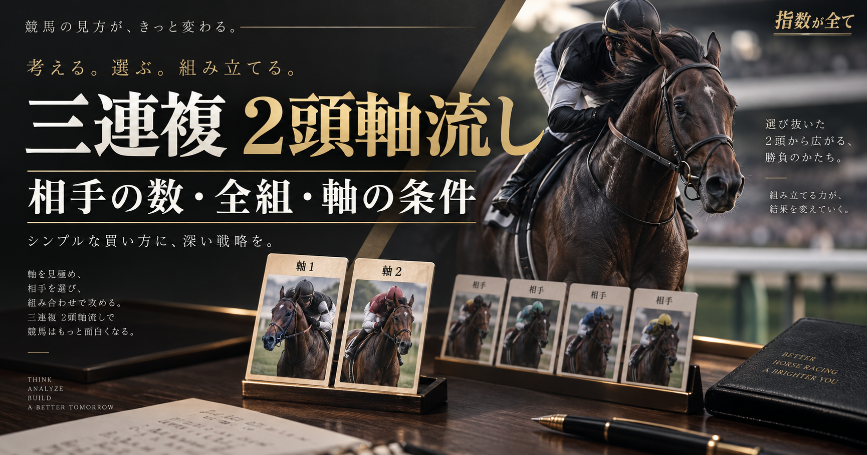 三連複2頭軸流し。相手の数・全組・軸の条件を示すイメージ