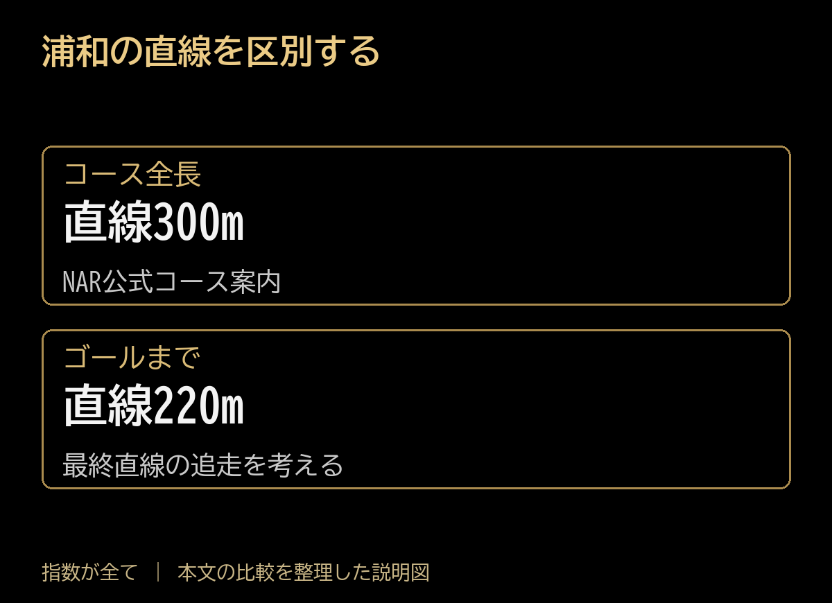 浦和の直線を区別する。コース全長:直線300m、NAR公式コース案内。ゴールまで:直線220m、最終直線の追走を考える。