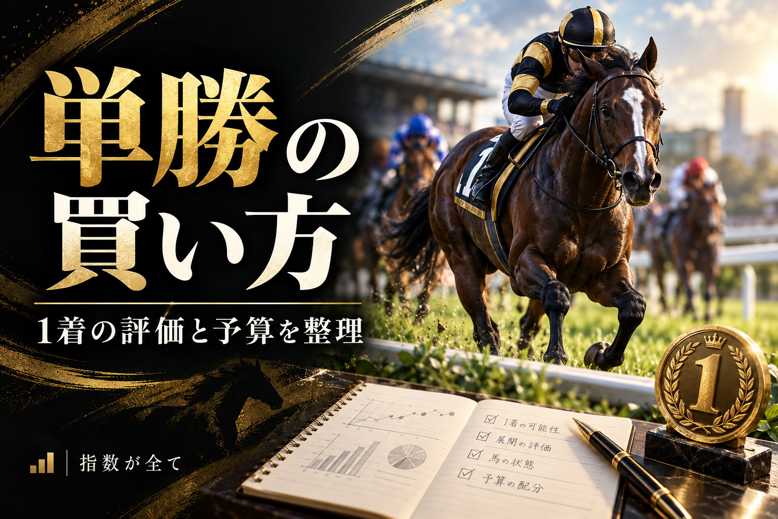 単勝の買い方を表す競馬と分析のイメージ。
